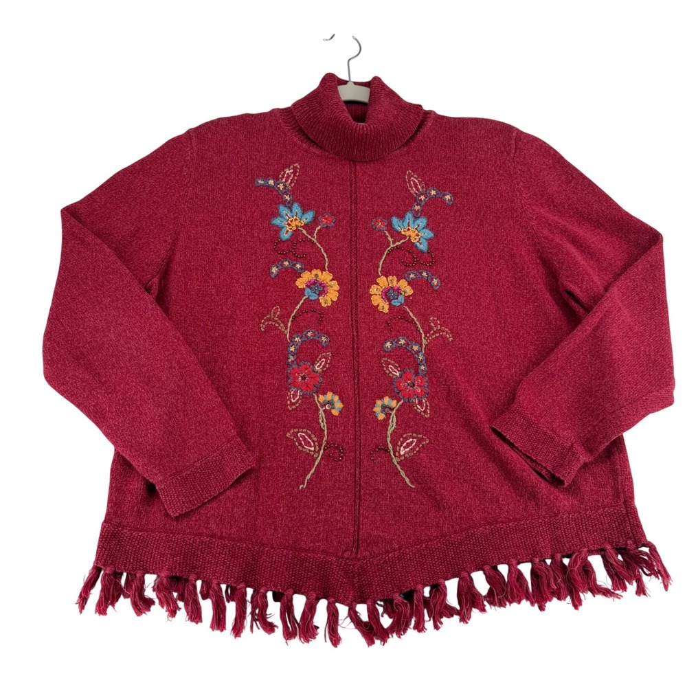 Alfred Dunner Floral Embroidered Turtleneck Fringe Sweater Women X-Large Boho
